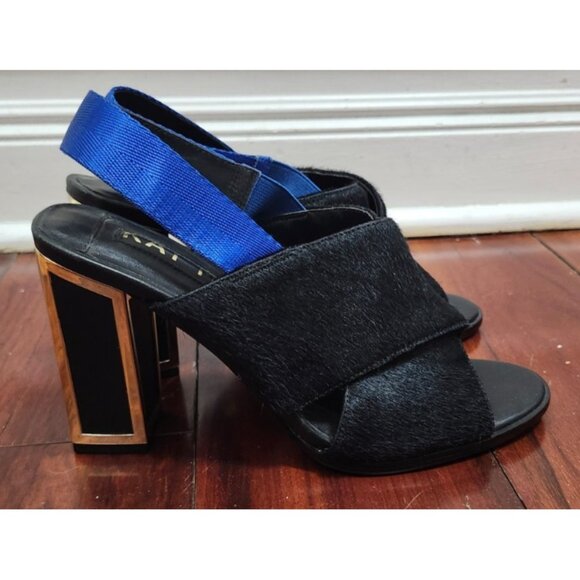 Kat Maconie Black Pony Hair Slingback Heels Gold Block Heel Blue Strap Sz 38 / 7 - Picture 5 of 14